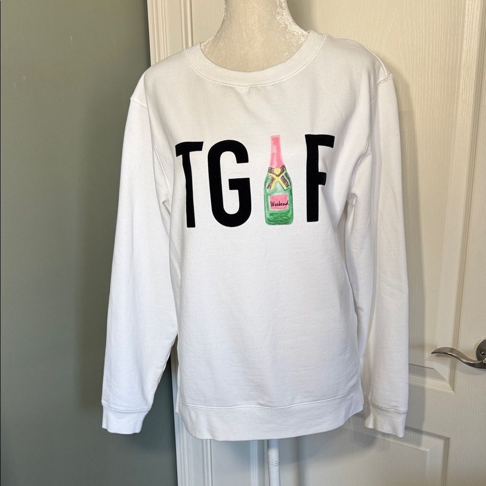 Green Tea TGIF Weekend Graphic Sweatshirt White Crewneck Size Large
